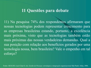 Fonte: ARAUJO, Luis César G. de. Gestão de Pessoas; estratégias e integração organizacional São Paulo: Atlas, 2006.
11 Questões para debate
11) Na pesquisa 74% dos respondentes afirmaram que
nossas tecnologias podem representar crescimento para
as empresas brasileiras estando, portanto, a excelência
mais próxima, visto que as tecnologias também estão
mais próximas das nossas verdadeiras demandas. Qual a
sua posição com relação aos benefícios gerados por uma
tecnologia nossa, bem brasileira? Vale o empenho em tal
esforço?
 