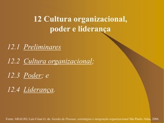 Fonte: ARAUJO, Luis César G. de. Gestão de Pessoas; estratégias e integração organizacional São Paulo: Atlas, 2006.
12 Cultura organizacional,
poder e liderança
12.1 Preliminares
12.2 Cultura organizacional;
12.3 Poder; e
12.4 Liderança.
 