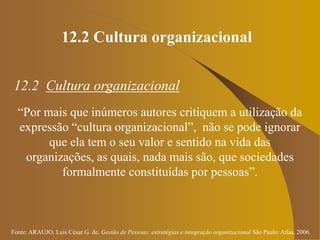 Fonte: ARAUJO, Luis César G. de. Gestão de Pessoas; estratégias e integração organizacional São Paulo: Atlas, 2006.
12.2 Cultura organizacional
12.2 Cultura organizacional
“Por mais que inúmeros autores critiquem a utilização da
expressão “cultura organizacional”, não se pode ignorar
que ela tem o seu valor e sentido na vida das
organizações, as quais, nada mais são, que sociedades
formalmente constituídas por pessoas”.
 