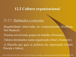 Fonte: ARAUJO, Luis César G. de. Gestão de Pessoas; estratégias e integração organizacional São Paulo: Atlas, 2006.
12.2 Cultura organizacional
12.2.1 Definições e conceitos
.Regularidades observadas no comportamento (Goffman,
Van Maanen);
.Normas envolvendo grupos de trabalho (Homans);
.Valores dominantes numa organização (Deal e Kennedy);
.A filosofia que guia as políticas da organização (Ouchi,
Pascale e Athos);
 