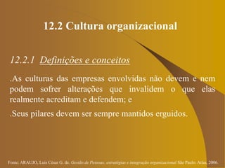 Fonte: ARAUJO, Luis César G. de. Gestão de Pessoas; estratégias e integração organizacional São Paulo: Atlas, 2006.
12.2 Cultura organizacional
12.2.1 Definições e conceitos
.As culturas das empresas envolvidas não devem e nem
podem sofrer alterações que invalidem o que elas
realmente acreditam e defendem; e
.Seus pilares devem ser sempre mantidos erguidos.
 