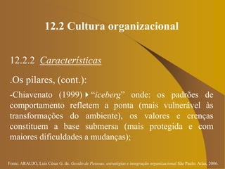 Fonte: ARAUJO, Luis César G. de. Gestão de Pessoas; estratégias e integração organizacional São Paulo: Atlas, 2006.
12.2 Cultura organizacional
12.2.2 Características
.Os pilares, (cont.):
-Chiavenato (1999)“iceberg” onde: os padrões de
comportamento refletem a ponta (mais vulnerável às
transformações do ambiente), os valores e crenças
constituem a base submersa (mais protegida e com
maiores dificuldades a mudanças);
 