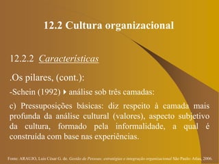Fonte: ARAUJO, Luis César G. de. Gestão de Pessoas; estratégias e integração organizacional São Paulo: Atlas, 2006.
12.2 Cultura organizacional
12.2.2 Características
.Os pilares, (cont.):
-Schein (1992)análise sob três camadas:
c) Pressuposições básicas: diz respeito à camada mais
profunda da análise cultural (valores), aspecto subjetivo
da cultura, formado pela informalidade, a qual é
construída com base nas experiências.
 