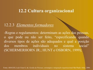Fonte: ARAUJO, Luis César G. de. Gestão de Pessoas; estratégias e integração organizacional São Paulo: Atlas, 2006.
12.2 Cultura organizacional
12.2.3 Elementos formadores
-Regras e regulamentos: determinam as ações das pessoas,
o que pode ou não ser feito, “especificando quando
diversos tipos de ações são adequados e qual a posição
dos membros individuais no sistema social”
(SCHERMERHORN JR.; HUNT e OSBORN, 1999);
 