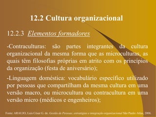 Fonte: ARAUJO, Luis César G. de. Gestão de Pessoas; estratégias e integração organizacional São Paulo: Atlas, 2006.
12.2 Cultura organizacional
12.2.3 Elementos formadores
-Contraculturas: são partes integrantes da cultura
organizacional da mesma forma que as microculturas, as
quais têm filosofias próprias em atrito com os princípios
da organização (festa de aniversário);
-Linguagem doméstica: vocabulário específico utilizado
por pessoas que compartilham da mesma cultura em uma
versão macro, ou microcultura ou contracultura em uma
versão micro (médicos e engenheiros);
 