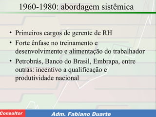 Consultoria de Planejamento - CPLAN
Secretaria de Estado da Administração - SEAConsultor Adm. Fabiano Duarte
1960-1980: abordagem sistêmica
• Primeiros cargos de gerente de RH
• Forte ênfase no treinamento e
desenvolvimento e alimentação do trabalhador
• Petrobrás, Banco do Brasil, Embrapa, entre
outras: incentivo a qualificação e
produtividade nacional
 