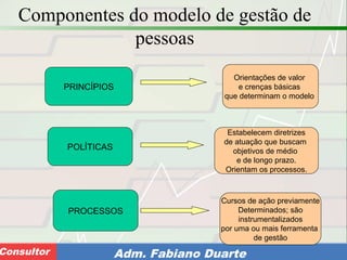 Consultoria de Planejamento - CPLAN
Secretaria de Estado da Administração - SEAConsultor Adm. Fabiano Duarte
Componentes do modelo de gestão de
pessoas
PRINCÍPIOS
POLÍTICAS
PROCESSOS
Orientações de valor
e crenças básicas
que determinam o modelo
Estabelecem diretrizes
de atuação que buscam
objetivos de médio
e de longo prazo.
Orientam os processos.
Cursos de ação previamente
Determinados; são
instrumentalizados
por uma ou mais ferramenta
de gestão
 