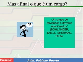 Consultoria de Planejamento - CPLAN
Secretaria de Estado da Administração - SEAConsultor Adm. Fabiano Duarte
Mas afinal o que é um cargo?Mas afinal o que é um cargo?
“Um grupo de
atividades e deveres
relacionados”
(BOHLANDER,
SNELL, SHERMAN,
2005).
 