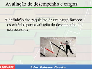 Consultoria de Planejamento - CPLAN
Secretaria de Estado da Administração - SEAConsultor Adm. Fabiano Duarte
Avaliação de desempenho e cargosAvaliação de desempenho e cargos
A definição dos requisitos de um cargo forneceA definição dos requisitos de um cargo fornece
os critérios para avaliação do desempenho deos critérios para avaliação do desempenho de
seu ocupante.seu ocupante.
 