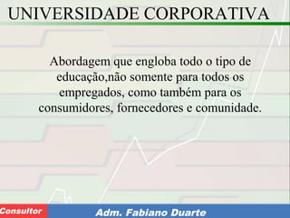 Consultoria de Planejamento - CPLAN
Secretaria de Estado da Administração - SEAConsultor Adm. Fabiano Duarte
UNIVERSIDADE CORPORATIVA
Abordagem que engloba todo o tipo de
educação,não somente para todos os
empregados, como também para os
consumidores, fornecedores e comunidade.
 