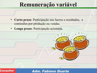 Consultoria de Planejamento - CPLAN
Secretaria de Estado da Administração - SEAConsultor Adm. Fabiano Duarte
Remuneração variável
• Curto prazo: Participação nos lucros e resultados, e
comissões por produção ou vendas.
• Longo prazo: Participação acionária.
 