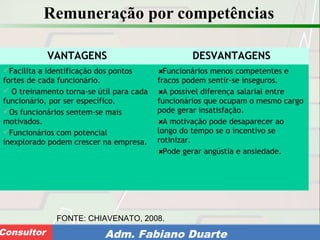 Consultoria de Planejamento - CPLAN
Secretaria de Estado da Administração - SEAConsultor Adm. Fabiano Duarte
Remuneração por competências
VANTAGENS DESVANTAGENS
Facilita a identificação dos pontos
fortes de cada funcionário.
 O treinamento torna-se útil para cada
funcionário, por ser específico.
Os funcionários sentem-se mais
motivados.
Funcionários com potencial
inexplorado podem crescer na empresa.
Funcionários menos competentes e
fracos podem sentir-se inseguros.
A possível diferença salarial entre
funcionários que ocupam o mesmo cargo
pode gerar insatisfação.
A motivação pode desaparecer ao
longo do tempo se o incentivo se
rotinizar.
Pode gerar angústia e ansiedade.
FONTE: CHIAVENATO, 2008.
 