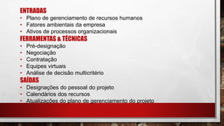 ENTRADAS
• Plano de gerenciamento de recursos humanos
• Fatores ambientais da empresa
• Ativos de processos organizacionais
FERRAMENTAS & TÉCNICAS
• Pré-designação
• Negociação
• Contratação
• Equipes virtuais
• Análise de decisão multicritério
SAÍDAS
• Designações do pessoal do projeto
• Calendários dos recursos
• Atualizações do plano de gerenciamento do projeto
 