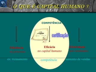 O QUE É CAPITAL HUMANO ? RECURSOS  HUMANOS   COMPETÊNCIA   PRODUTIVIDADE Eficiência no processo Eficácia no capital humano Efetividade nos resultados ex: treinamento competência aumento de vendas certificação 