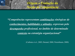 Origem e Evolução da  Noção de Competência “ Competências representam  combinações  sinérgicas de  conhecimentos, habilidades e atitudes , expressas pelo  desempenho  profissional, no âmbito de determinado  contexto  ou estratégia organizacional”   (Carbone  et al. , 2005; Durand, 2000; Nisembaum, 2000)   