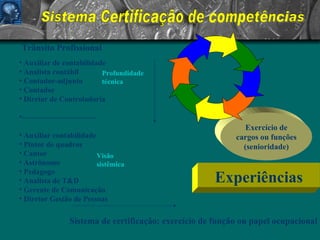 Experiências Exercício de cargos ou funções (senioridade) Auxiliar de contabilidade Analista contábil Contador-adjunto Contador Diretor de Controladoria ------------------------------ Auxiliar contabilidade Pintor de quadros Cantor Astrônomo  Pedagogo Analista de T&D Gerente de Comunicação  Diretor Gestão de Pessoas Trânsito Profissional Sistema de certificação: exercício de função ou papel ocupacional Profundidade técnica Visão sistêmica Sistema Certificação de competências 