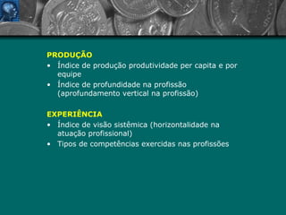PRODUÇÃO Índice de produção produtividade per capita e por equipe Índice de profundidade na profissão (aprofundamento vertical na profissão) EXPERIÊNCIA Índice de visão sistêmica (horizontalidade na atuação profissional)  Tipos de competências exercidas nas profissões 