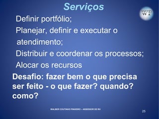 25
Serviços
Definir portfólio;
Planejar, definir e executar o
atendimento;
Distribuir e coordenar os processos;
Alocar os recursos
Desafio: fazer bem o que precisa
ser feito - o que fazer? quando?
como?
WALBER COUTINHO PINHEIRO – ASSESSOR DE RH
 