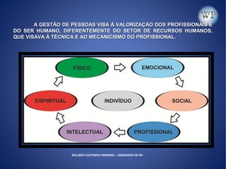 A GESTÃO DE PESSOAS VISA À VALORIZAÇÃO DOS PROFISSIONAIS EA GESTÃO DE PESSOAS VISA À VALORIZAÇÃO DOS PROFISSIONAIS E
DO SER HUMANO, DIFERENTEMENTE DO SETOR DE RECURSOS HUMANOS,DO SER HUMANO, DIFERENTEMENTE DO SETOR DE RECURSOS HUMANOS,
QUE VISAVA À TÉCNICA E AO MECANICISMO DO PROFISSIONAL.QUE VISAVA À TÉCNICA E AO MECANICISMO DO PROFISSIONAL.
WALBER COUTINHO PINHEIRO – ASSESSOR DE RH
 