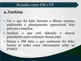 Reunião entre PM e VP
4. Tracking:
• Ver o que foi feito durante a última semana,
analisando o planejamento operacional feito
pelo pm e timeline.
• Analisar o que está faltando e elencar
prioridades para realização dessas jobs.
• Deixar o PM falar o que realmente foi feito,
buscar se todas essas informações estão no
PODIO.
 