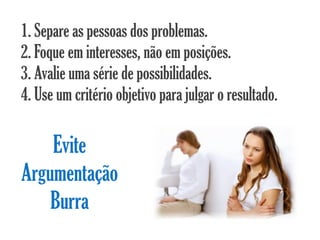 1. Separe as pessoas dos problemas.
2. Foque em interesses, não em posições.
3. Avalie uma série de possibilidades.
4. Use um critério objetivo para julgar o resultado.

    Evite
Argumentação
    Burra
 