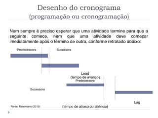 Nem sempre é preciso esperar que uma atividade termine para que a
seguinte comece, nem que uma atividade deve começar
imediatamente após o término de outra, conforme retratado abaixo:
Fonte: Maximiano (2010)
Lead
(tempo de avanço)
Predecessora
Sucessora
Lag
(tempo de atraso ou latência)
Desenho do cronograma
(programação ou cronogramação)
Predecessora Sucessora
 