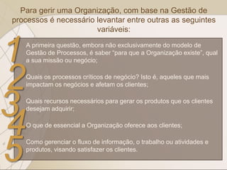 Para gerir uma Organização, com base na Gestão de
processos é necessário levantar entre outras as seguintes
variáveis:
A primeira questão, embora não exclusivamente do modelo de
Gestão de Processos, é saber “para que a Organização existe”, qual
a sua missão ou negócio;
Quais os processos críticos de negócio? Isto é, aqueles que mais
impactam os negócios e afetam os clientes;
Quais recursos necessários para gerar os produtos que os clientes
desejam adquirir;
O que de essencial a Organização oferece aos clientes;
Como gerenciar o fluxo de informação, o trabalho ou atividades e
produtos, visando satisfazer os clientes.
1
2
3
4
5
 