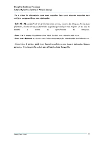 Disciplina: Gestão de Processos
Autora: Myrian Constantino de Almeida Valença
Eis a chave de interpretação para suas respostas, bem como algumas sugestões para
melhorar sua competência para a delegação:

· Entre 16 e 12 pontos: Você tem problemas sérios com seu esquema de delegação. Reveja suas
prioridades, discuta com seus subordinados sugestões para delegar mais. Registre um dia todo de
trabalho

e

analise

as

oportunidades

de

delegação.

· Entre 11 e 18 pontos: O problema existe. Não é tão sério, mas a situação pode piorar.
· Entre sete e 4 pontos: Você utiliza bem o instrumento delegação, mas sempre é possível melhorar.

· Entre três e 0 pontos: Você é um Executivo perfeito no que tange à delegação. Nossos
parabéns. É meio caminho andado para a Presidência da Companhia.

Newton Paiva Virtual

36

 