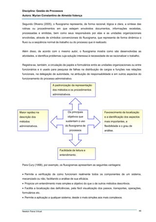 Disciplina: Gestão de Processos
Autora: Myrian Constantino de Almeida Valença
Segundo Oliveira (2005), o fluxograma representa, de forma racional, lógica e clara, a síntese das
rotinas ou procedimentos em que estejam envolvidos documentos, informações recebidas,
processadas e emitidas, bem como seus responsáveis por elas e as unidades organizacionais
envolvidas, através de símbolos convencionais do fluxograma, que representa de forma dinâmica o
fluxo ou a seqüência normal de trabalho ou do processo que é realizado.

Além disso, de acordo com o mesmo autor, o fluxograma mostra como são desenvolvidas as
atividades, e identifica problemas cuja solução interessa à necessidade de se racionalizar o trabalho.

Registra-se, também, a circulação de papéis e formulários entre as unidades organizacionais ou entre
funcionários e é usado para pesquisa de falhas na distribuição de cargos e funções nas relações
funcionais, na delegação de autoridade, na atribuição de responsabilidade e em outros aspectos do
funcionamento do processo administrativo.
A padronização da representação
dos métodos e os procedimentos
administrativos.

Maior rapidez na

Os principais

Favorecimento da localização

descrição dos

objetivos que

e a identificação dos aspectos

métodos

sustentam o uso

mais importantes, a

administrativos.

do fluxograma de

flexibilidade e o grau de

processos

análise.

Facilidade de leitura e
entendimento.

Para Cury (1998), por exemplo, os fluxogramas apresentam as seguintes vantagens:
• Permite a verificação de como funcionam realmente todos os componentes de um sistema,
mecanizado ou não, facilitando a análise de sua eficácia.
• Propicia um entendimento mais simples e objetivo do que o de outros métodos descritivos.
• Facilita a localização das deficiências, pela fácil visualização dos passos, transportes, operações,
formulários etc.
• Permite a aplicação a qualquer sistema, desde o mais simples aos mais complexos.

Newton Paiva Virtual

46

 