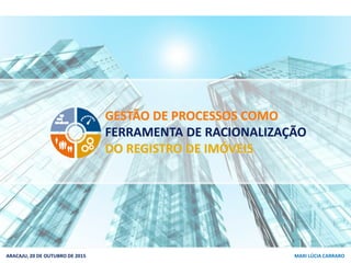 GESTÃO DE PROCESSOS COMO
FERRAMENTA DE RACIONALIZAÇÃO
DO REGISTRO DE IMÓVEIS
GESTÃO DE PROCESSOS COMO
FERRAMENTA DE RACION...