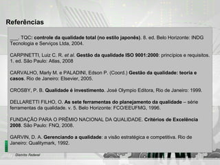 Referências
___. TQC: controle da qualidade total (no estilo japonês). 8. ed. Belo Horizonte: INDG
Tecnologia e Serviços Ltda, 2004.
CARPINETTI, Luiz C. R. et al. Gestão da qualidade ISO 9001:2000: princípios e requisitos.
1. ed. São Paulo: Atlas, 2008
CARVALHO, Marly M. e PALADINI, Edson P. (Coord.) Gestão da qualidade: teoria e
casos. Rio de Janeiro: Elsevier, 2005.
CROSBY, P. B. Qualidade é investimento. José Olympio Editora, Rio de Janeiro: 1999.
DELLARETTI FILHO, O. As sete ferramentas do planejamento da qualidade – série
ferramentas da qualidade. v. 5. Belo Horizonte: FCO/EEUFMG, 1996.
FUNDAÇÃO PARA O PRÊMIO NACIONAL DA QUALIDADE. Critérios de Excelência
2008. São Paulo: FNQ, 2008.
GARVIN, D. A. Gerenciando a qualidade: a visão estratégica e competitiva. Rio de
Janeiro: Qualitymark, 1992.
 