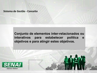 Sistema de Gestão - Conceito
Conjunto de elementos inter-relacionados ou
interativos para estabelecer política e
objetivos e para atingir estes objetivos.
 