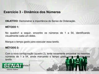 Exercício 3 - Dinâmica dos NúmerosExercício 3 - Dinâmica dos Números
OBJETIVO: Demonstrar a importância do Senso de Ordenação.
MÉTODO 1:
No quadro1 a seguir, encontre os números de 1 a 54, identificando
visualmente cada um deles.
Marque o tempo gasto para executar essa tarefa.
MÉTODO 2:
Com a nova configuração (quadro 2), tente novamente encontrar os mesmos
números de 1 a 54, ainda marcando o tempo gasto para executar essa
tarefa.
O que você observou?
 