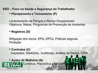  Planejamento e Treinamento (P)
Levantamento de Perigos e Riscos Ocupacionais
Objetivos, Metas, Programas de Prevenção de Acidentes
 Registros (D)
Mitigação dos riscos, EPIs, EPCs, Práticas seguras,
Proteção
 Controles (C)
Inspeções, Medições, Auditorias, Análise de Dados, CIPA
 Ações de Melhoria (A)
Correção, Corretiva, Preventiva e Melhoria
SSO – Foco na Saúde e Segurança do Trabalhador
 