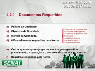 4.2 REQUISITOS DE4.2 REQUISITOS DE
DOCUMENTAÇÃODOCUMENTAÇÃO
4.2.1 – Documentos Requeridos
a) Política da Qualidade,
b) Objetivos da Qualidade,
c) Manual da Qualidade,
d) 6 Procedimentos requeridos pela Norma
e) Outros que a empresa julgar necessário, para garantir o
planejamento, a operação e o controle eficazes dos processos
f) Registros requeridos pela norma
-Controle de Documentos
- Controle de Registros
- Controle de Produto Não-
Conforme
- Auditoria Interna
- Ação Corretiva
- Ação Preventiva
 