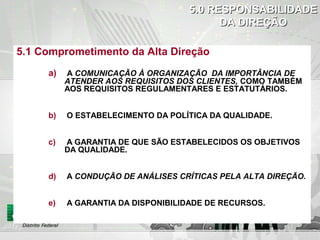 DOCHECK
ACTION
5.1 Comprometimento da Alta Direção
a) A COMUNICAÇÃO À ORGANIZAÇÃO DA IMPORTÂNCIA DE
ATENDER AOS REQUISITOS DOS CLIENTES, COMO TAMBÉM
AOS REQUISITOS REGULAMENTARES E ESTATUTÁRIOS.
b) O ESTABELECIMENTO DA POLÍTICA DA QUALIDADE.
c) A GARANTIA DE QUE SÃO ESTABELECIDOS OS OBJETIVOS
DA QUALIDADE.
d) A CONDUÇÃO DE ANÁLISES CRÍTICAS PELA ALTA DIREÇÃO.
e) A GARANTIA DA DISPONIBILIDADE DE RECURSOS.
5.0 RESPONSABILIDADE5.0 RESPONSABILIDADE
DA DIREÇÃODA DIREÇÃO
 