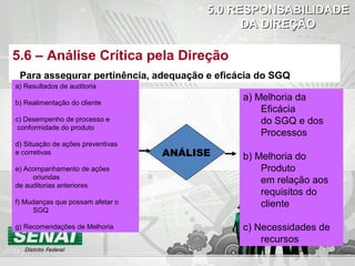 5.05.0 RESPONSABILIDADERESPONSABILIDADE
DA DIREÇÃODA DIREÇÃO
5.6 – Análise Crítica pela Direção
Para assegurar pertinência, adequação e eficácia do SGQ
ANÁLISE
a) Resultados de auditoria
b) Realimentação do cliente
c) Desempenho de processo e
conformidade do produto
d) Situação de ações preventivas
e corretivas
e) Acompanhamento de ações
oriundas
de auditorias anteriores
f) Mudanças que possam afetar o
SGQ
g) Recomendações de Melhoria
a) Melhoria da
Eficácia
do SGQ e dos
Processos
b) Melhoria do
Produto
em relação aos
requisitos do
cliente
c) Necessidades de
recursos
 