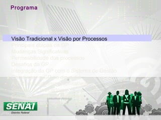 Programa
Conceito de Processos
Visão Tradicional x Visão por Processos
Principais etapas da GP
Mudanças Significativas
Permeabilidade dos processos
Desafios da GP
Integração da GP com o Sistema de Gestão
Como usar a GP no dia-a-dia
A GP e os Sistemas Normativos
Sistema de Indicadores
Criação da cultura de melhoria
Estudo de caso – Case Politeno
 