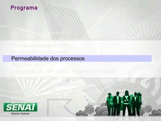 Programa
Conceito de Processos
Visão Tradicional x Visão por Processos
Principais etapas da GP
Mudanças Significativas
Permeabilidade dos processos
Desafios da GP
Integração da GP com o Sistema de Gestão
Como usar a GP no dia-a-dia
A GP e os Sistemas Normativos
Sistema de Indicadores
Criação da cultura de melhoria
Estudo de caso – Case Politeno
 