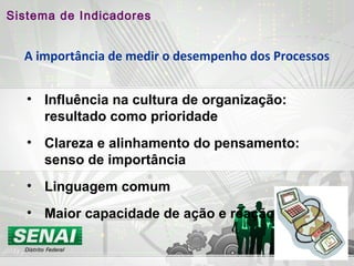 A importância de medir o desempenho dos Processos
• Influência na cultura de organização:
resultado como prioridade
• Clareza e alinhamento do pensamento:
senso de importância
• Linguagem comum
• Maior capacidade de ação e reação
Sistema de Indicadores
 