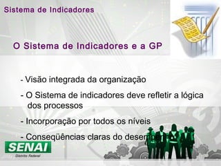 O Sistema de Indicadores e a GP
- Visão integrada da organização
- O Sistema de indicadores deve refletir a lógica
dos processos
- Incorporação por todos os níveis
- Conseqüências claras do desempenho
Sistema de Indicadores
 