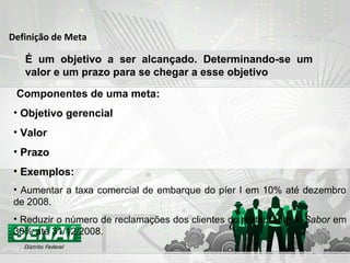 Definição de Meta
É um objetivo a ser alcançado. Determinando-se um
valor e um prazo para se chegar a esse objetivo
Componentes de uma meta:
• Objetivo gerencial
• Valor
• Prazo
• Exemplos:
• Aumentar a taxa comercial de embarque do píer I em 10% até dezembro
de 2008.
• Reduzir o número de reclamações dos clientes do restaurante X-Sabor em
30% até 31/12/2008.
 