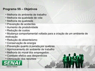 Programa 5S – Objetivos Melhoria do ambiente de trabalho Melhoria da qualidade de vida Melhoria da qualidade Prevenção de acidentes Aumento da produtividade Redução de custos Mudança comportamental voltada para a criação de um ambiente de motivação Redução do absenteísmo Conservação de energia Prevenção quanto à parada por quebras Aprimoramento do ambiente de trabalho Melhoria do moral dos empregados Combate efetivo aos desperdícios Otimização dos recursos 