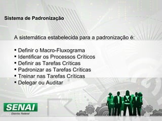 A sistemática estabelecida para a padronização é: Definir o Macro-Fluxograma Identificar os Processos Críticos Definir as Tarefas Críticas Padronizar as Tarefas Críticas Treinar nas Tarefas Críticas Delegar ou Auditar Sistema de Padronização   