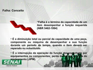 “ Falha é o término da capacidade de um item desempenhar a função requerida (NBR 5462-1994) É a diminuição total ou parcial da capacidade de uma peça, componente ou máquina de desempenhar a sua função durante um período de tempo, quando o item deverá ser reparado ou substituído. É a interrupção da operação da função desempenhada por equipamentos ou componentes; perda da função definida do equipamento (JIPM). Falha: Conceito 