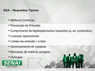 Melhoria Contínua Prevenção da Poluição Cumprimento da legislação/outros requisitos (p. ex. protocolos) Licenças operacionais Limites de emissão / ruídos Gerenciamento de resíduos Manuseio de material perigoso Outorgas SGA – Requisitos Típicos 