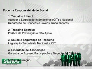 Foco na Responsabilidade Social 1. Trabalho Infantil Atender a Legislação Internacional (OIT) e Nacional Reparação de Crianças e Jovens Trabalhadores 2. Trabalho Escravo Política de Prevenção e Não Apoio 3. Saúde e Segurança no Trabalho Legislação Trabalhista Nacional e OIT 4. Liberdade de Associação Garantia de Acesso, Participação e Negociação Coletiva 5. Discriminação 