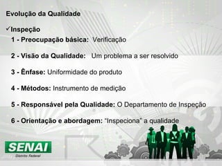 Evolução da Qualidade  1 - Preocupação básica:  Verificação 2 - Visão da Qualidade:  Um problema a ser resolvido 3 - Ênfase:  Uniformidade do produto 4 - Métodos:  Instrumento de medição 5 - Responsável pela Qualidade:  O Departamento de Inspeção 6 - Orientação e abordagem:  “Inspeciona” a qualidade Inspeção 