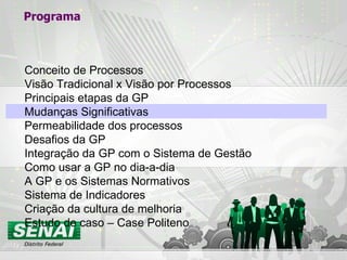 Programa Conceito de Processos Visão Tradicional x Visão por Processos Principais etapas da GP Mudanças Significativas Permeabilidade dos processos Desafios da GP Integração da GP com o Sistema de Gestão Como usar a GP no dia-a-dia A GP e os Sistemas Normativos Sistema de Indicadores Criação da cultura de melhoria Estudo de caso – Case Politeno 