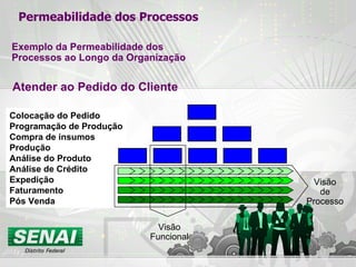 Atender ao Pedido do Cliente Colocação do Pedido Programação de Produção Compra de insumos Produção Análise do Produto Análise de Crédito Expedição Faturamento Pós Venda Visão Funcional Visão de Processo Exemplo da Permeabilidade dos Processos ao Longo da Organização Permeabilidade dos Processos 
